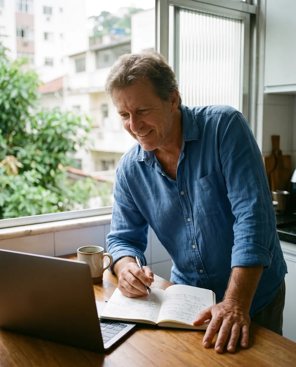 Corretor na cozinha de manhã, acompanhando um encontro ao vivo no notebook e anotando no caderno